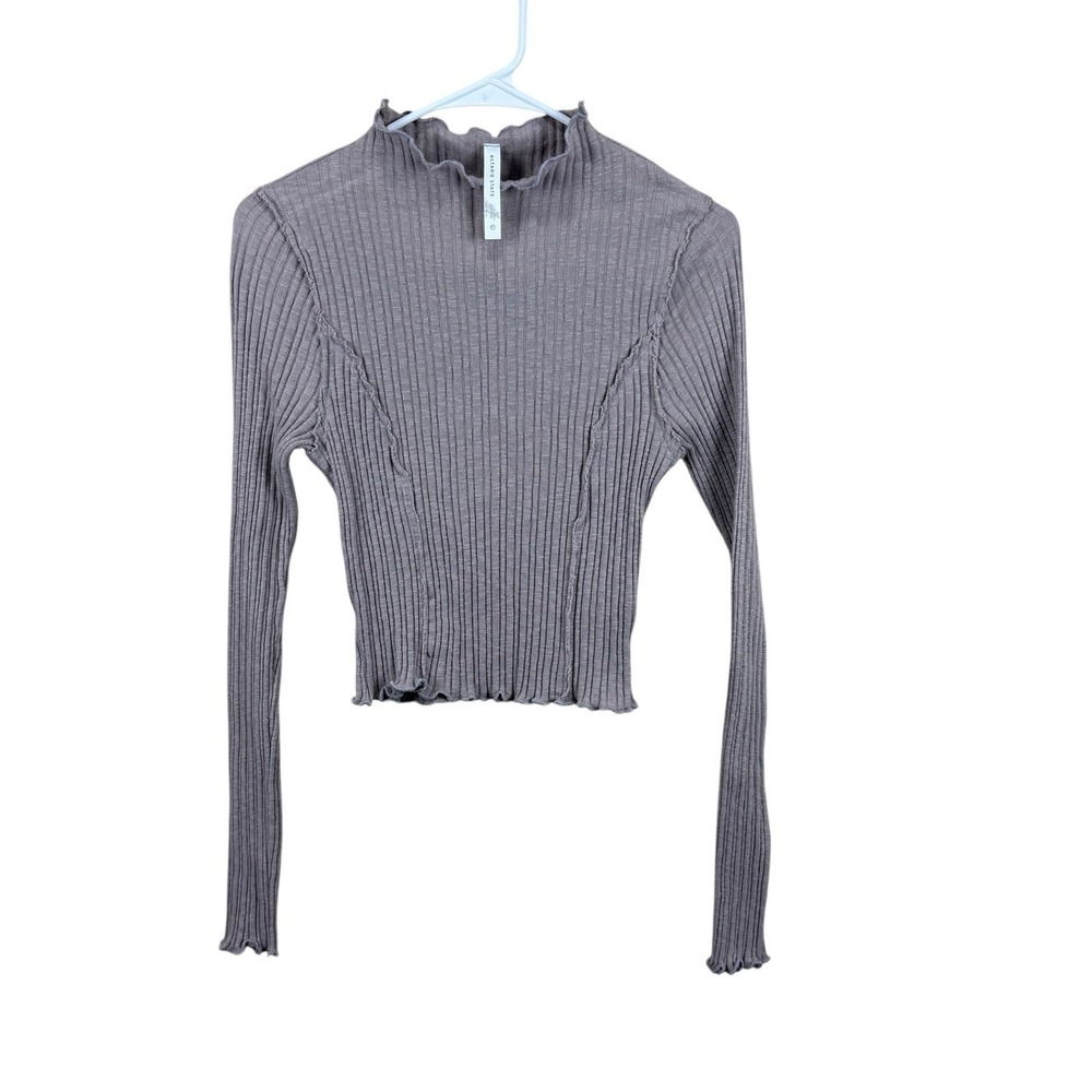 Altar'd State Womens Tan Ribbed Knit Ruffle Mock Neck Long Sleeve Top Size Large